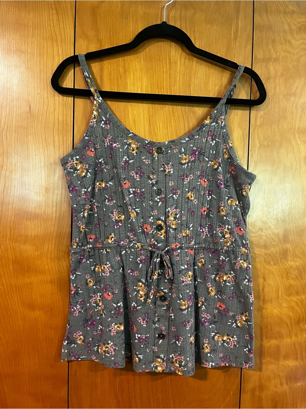 Maurices Gray Floral Ribbed Camisole with Tie Waist - Picture 3 of 9